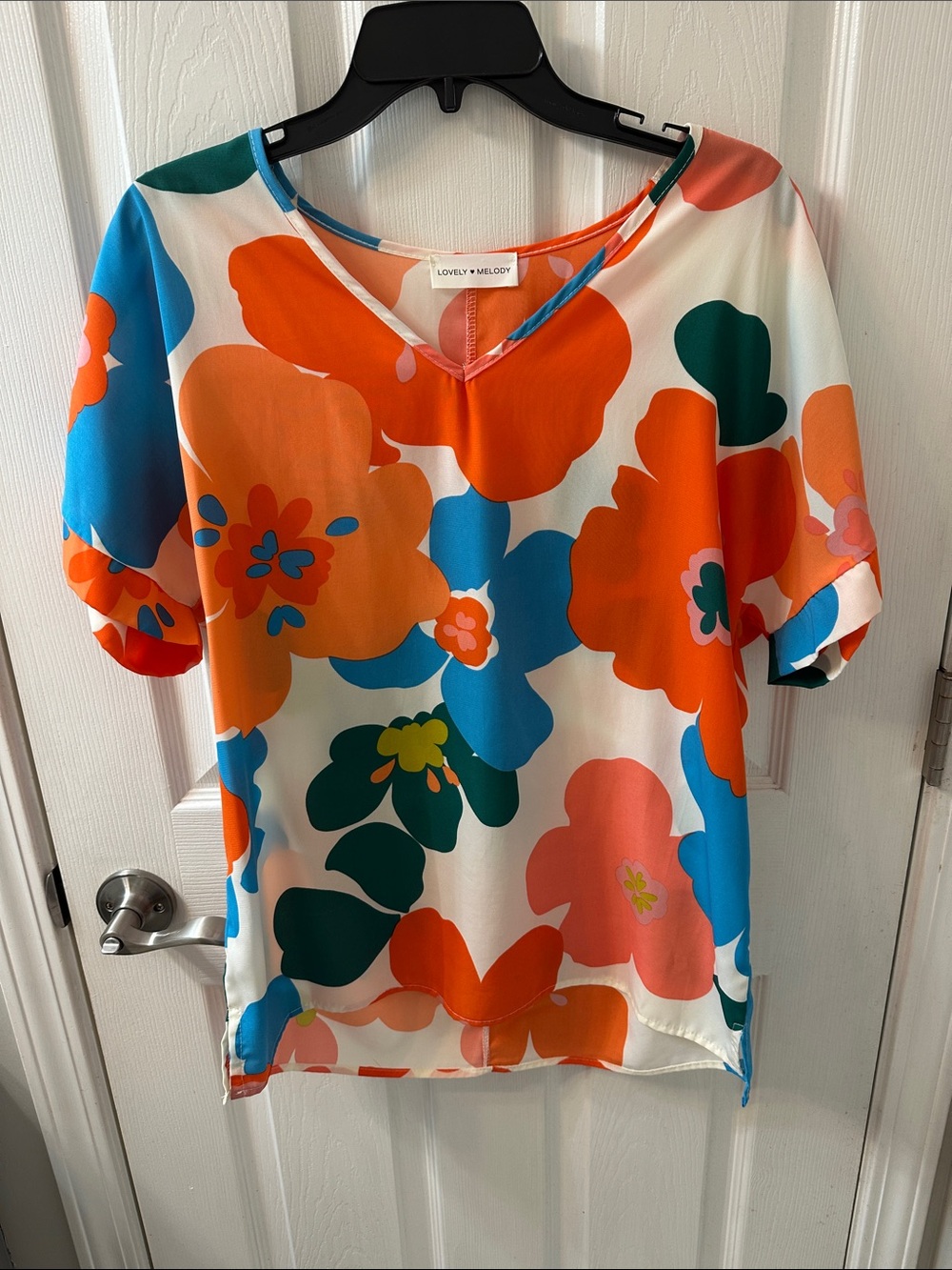 Lovely Melody Bright Floral V-Neck Blouse - White with Orange, Blue & Green